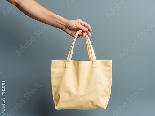 Hand holding a blank white tote bag mockup isolated on a yellow background design, eco cotton bag design.
