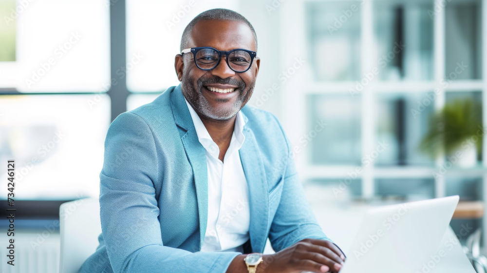A professional in a light blue blazer is working on a laptop at a modern office desk, exuding confidence and satisfaction with their work. A professional in a light blue blazer is working on a laptop at a modern office desk, exuding confidence and satisfaction with their work.