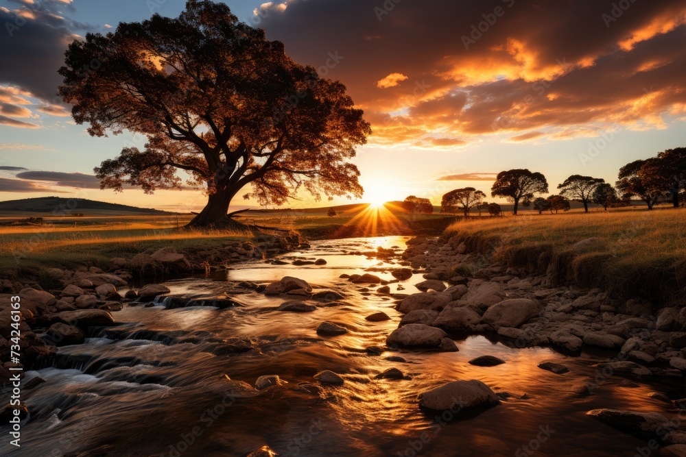 Golden fields in radiant sun, trees and stream., generative IA Golden fields in radiant sun, trees and stream., generative IA