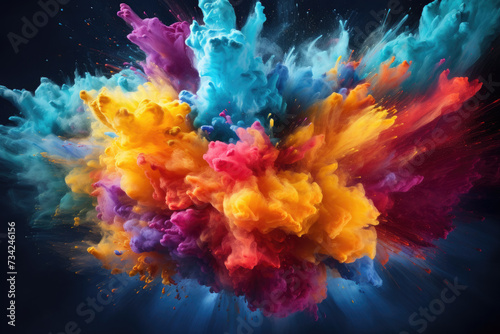 Color splash Holi powder on black wooden background. Colorful cloud or explosion for traditional indian festival.