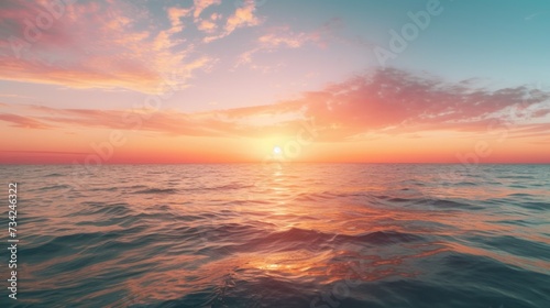 A sunset over the ocean with waves and clouds. Generative AI. © serg3d