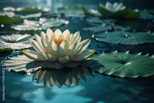 Magic glowing Lotus flower on cold blue green water background with lotus leaf and large copy space for text 