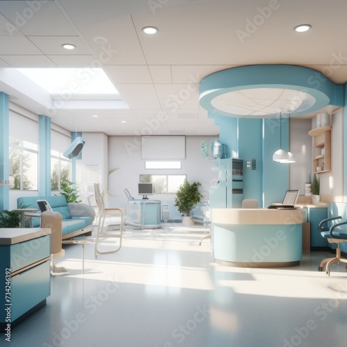 A modern hospital room with blue furniture. Generative AI. photo