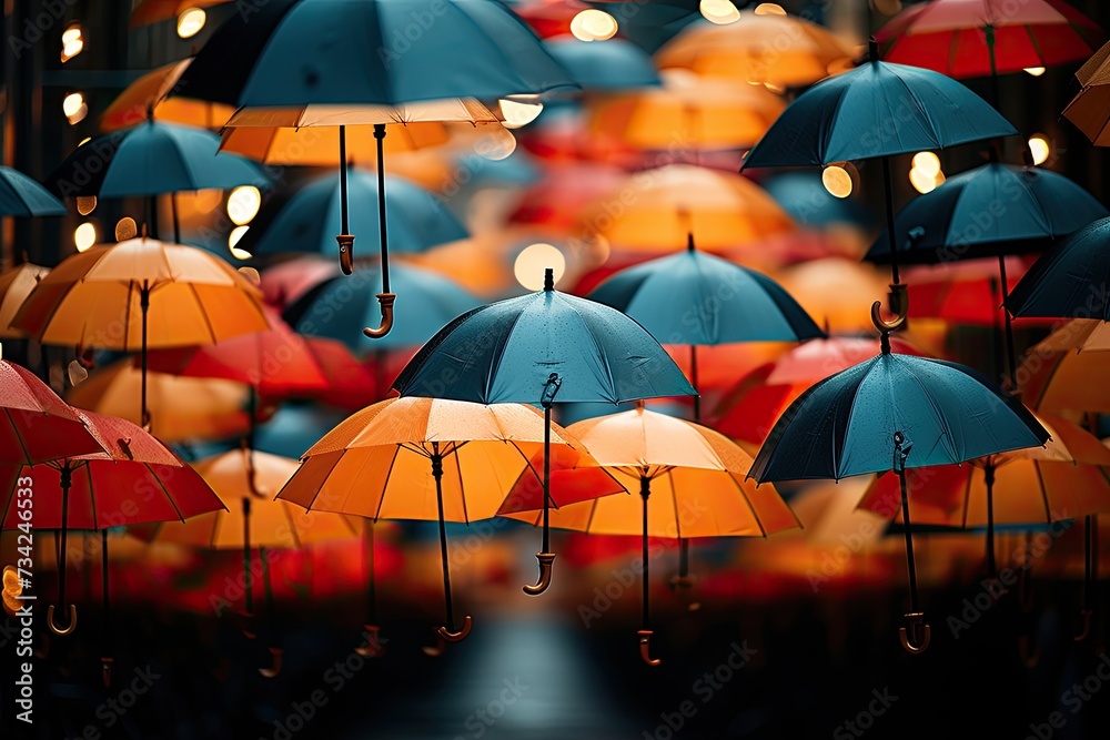 Colorful umbrellas resist the stormy wind., generative IA