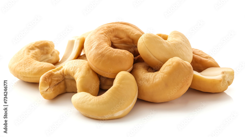 Heap of cashew nuts on white background representing health, nutrition, vegan food, and natural snacks. Heap of cashew nuts on white background representing health, nutrition, vegan food, and natural snacks.