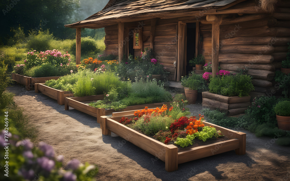 Closeup on wooden raided beds in modern garden growing plants herbs spices vegetables and flowers near a wooden house in the countryside