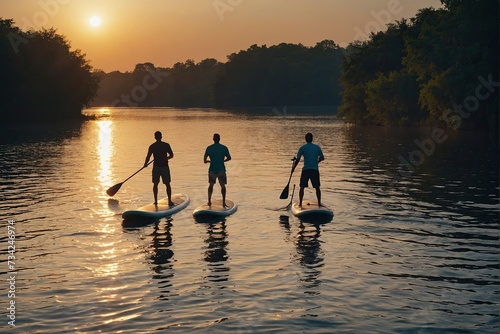 Men  friends sail on a SUP boards in a rays of rising sun