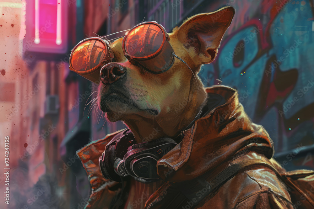 Dynamic image of a petfluencer in cyberpunk style, blending futuristic elements with pet charisma. Ideal for social media campaigns, tech-inspired pet products, and digital art enthusiasts.