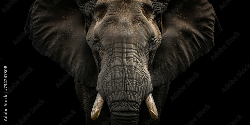 Elephant animal face portrait on black background