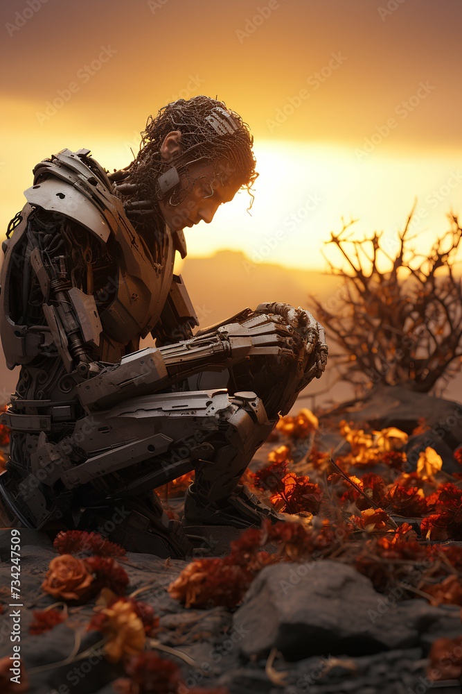 sad robot sitting on the ground touching red flowers sad robot sitting on the ground touching red flowers