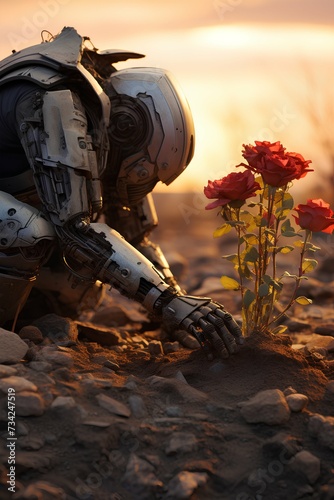 sad robot sitting on the ground touching red flowers