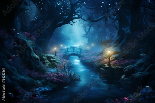 fantasy dark blue forest with river