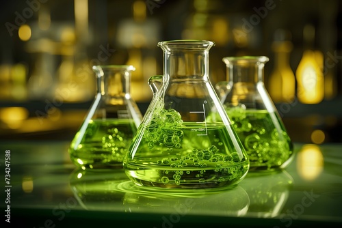 flasks with green liquid on laroratory background