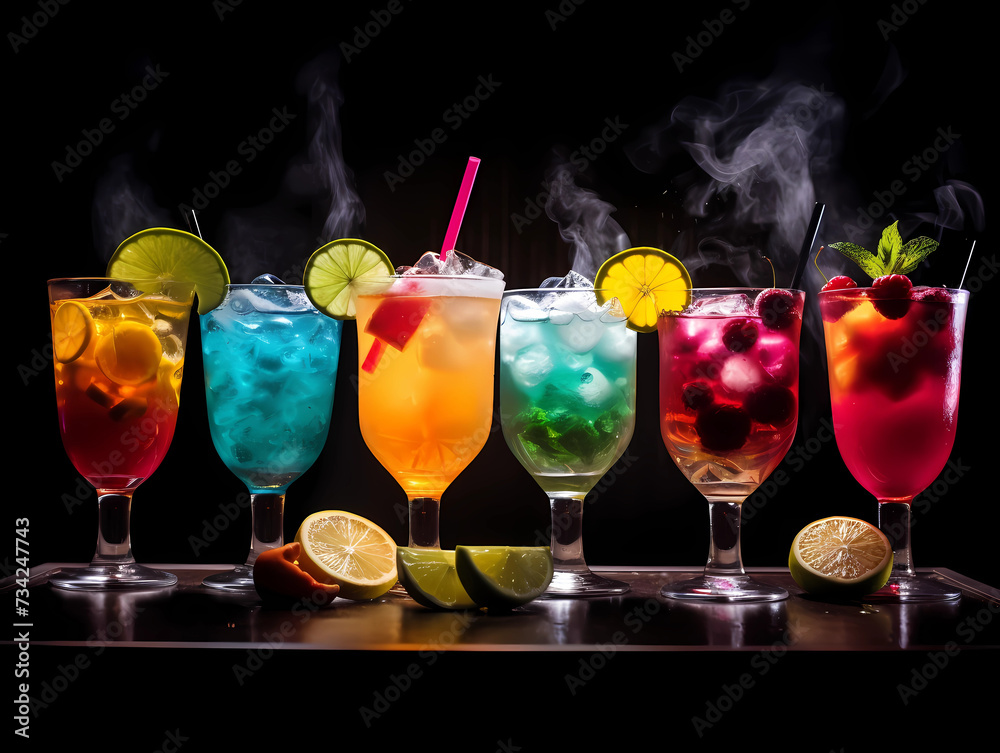 Various kinds of colorful alcohol cocktails and drinks on a dark background 