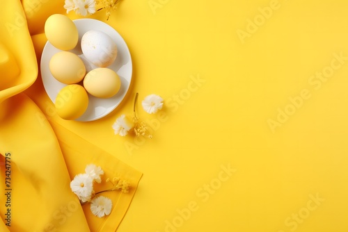 Banner with easter eggs and flowers on the yellow background.