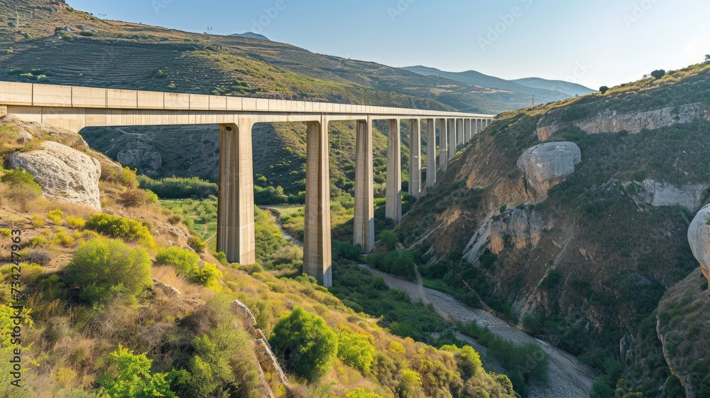 Fototapeta premium Elevated Highway Bridge Over Green Valley Under Clear Sky - Modern Infrastructure