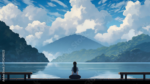 Girl sitting cross-legged on a dock by a mountain lake, gazing at the clouds and the vast landscape