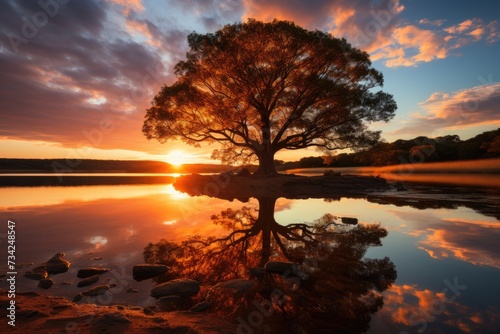 Orange and gold sky reflected in calm lake., generative IA © JONATAS