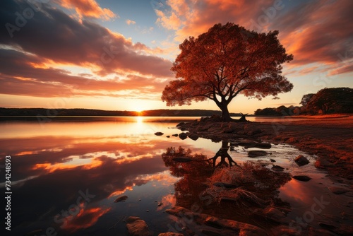 Orange and gold sky reflected in calm lake.  generative IA
