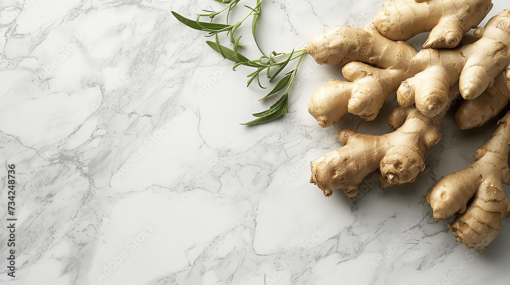 Fototapeta premium Ginger Roots on White Marble with Copy Space