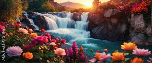 Nature Scene Colorful Waterfall and Flowers at Sunset 