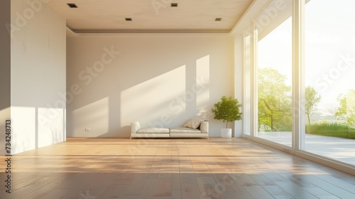 Sunlit Minimalist Living Room  Spacious minimalist living room bathed in sunlight with a comfortable sofa and a serene view