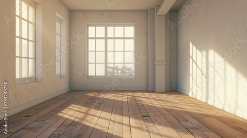 Sunlit Empty Room with Shadow Play: An empty room with hardwood floors, playing with light and shadow through large windows