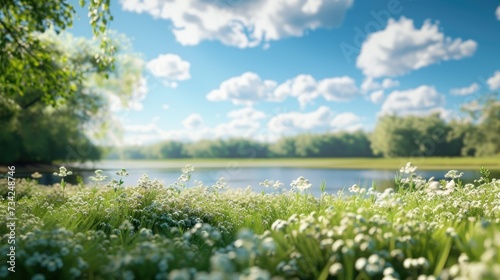 Serene Lakeside Flora: White flowers blooming along a serene lakeside with lush trees in the background