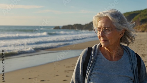 Nature, ocean and senior woman on beach walking for fresh air, exercise or wellness with peace