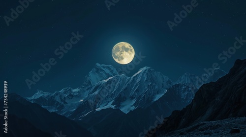  a full moon over a mountain range with snow on the mountains and a dark night sky with stars and a full moon in the middle of the sky above the mountain range.