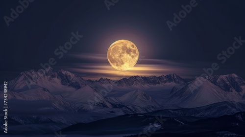  a full moon rising over a mountain range in a dark sky with clouds and mountains in the foreground and a dark sky with a few clouds in the foreground.