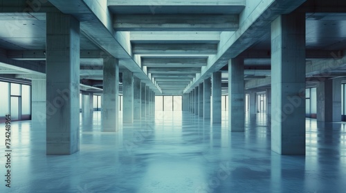 Blue-Toned Concrete Pillar Hallway: Vast open space with concrete pillars and blue tones reflecting on polished floors