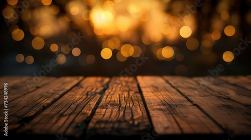 Wooden Surface with Golden Bokeh Lights: Wooden planks with a warm bokeh light effect in the background, giving a cozy and inviting atmosphere © Tida