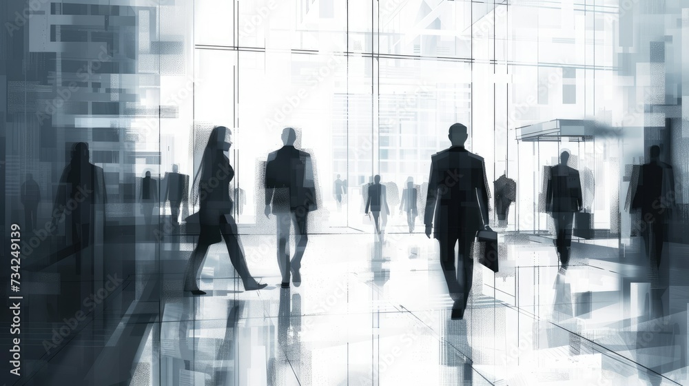 Silhouettes in Corporate Ambiance: Abstract representation of business people in a corporate building