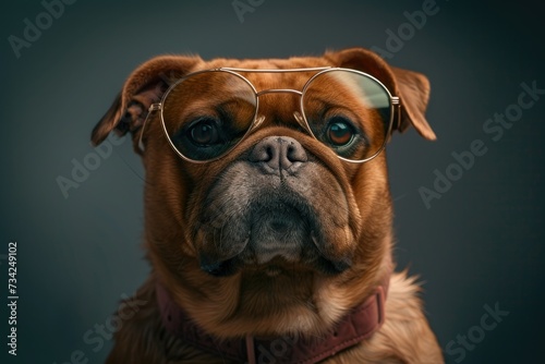Intellectual Dog with Glasses: A dog wearing round glasses exudes an intellectual charm with its focused, earnest look © Tida