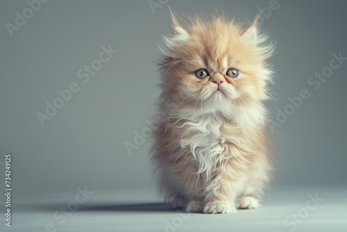 Fluffy Persian Kitten Gaze: Fluffy Persian kitten with a serious expression standing on a smooth surface. photo