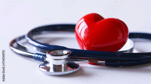 A conceptual red heart model lies next to a stethoscope on a reflective surface, symbolizing medical health and cardiological care.