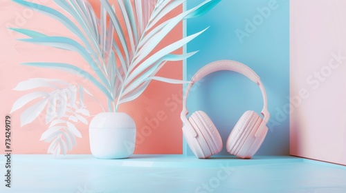 Modern Pastel Interior: Stylish headphones with tropical plant decor on pastel walls