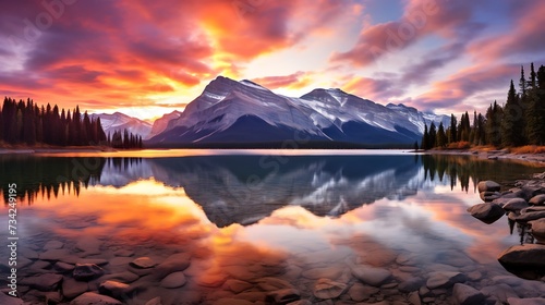 a breathtaking sunset over a pristine mountain range, casting vibrant hues across the sky and reflecting on a crystal-clear lake.
