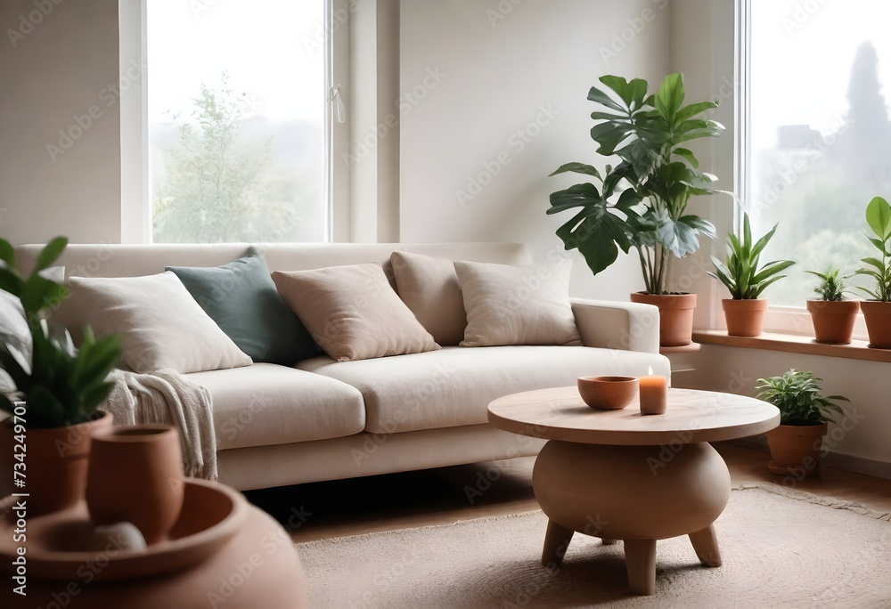 A cozy living room setting with a beige sofa adorned with cushions, a wooden coffee table in the foreground holding a clay jug and a small candle, next to a window with a view of greenery outside