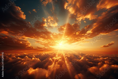 Golden rays burst clouds after rain, dying sky., generative IA