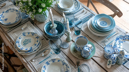  a table set with blue and white china and a vase filled with flowers and greenery on top of a wooden table with a white and blue striped table cloth. photo