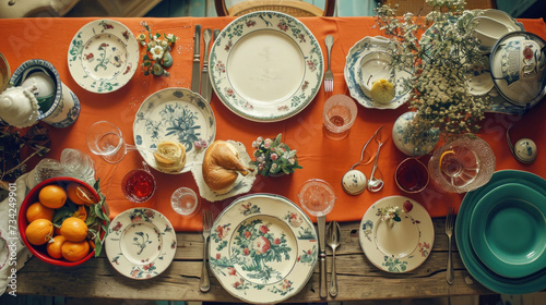  a table that has a bunch of plates and bowls on it with oranges and oranges in the middle of the table and a vase with oranges and oranges in the middle of the table.