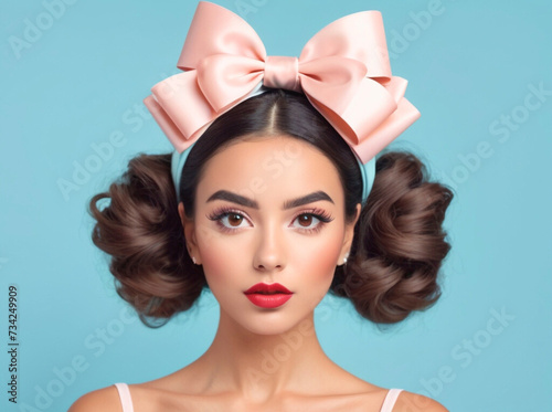 woman with a pink bow in her hair, coquette style