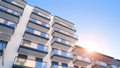 A modern apartment building facade with multiple balconies against a clear sky with sunlight