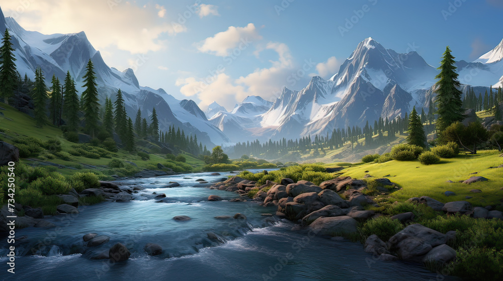 The essence of the natural realm, featuring backgrounds with majestic mountains, expansive meadows, and clear, flowing waters  background Ai Generative