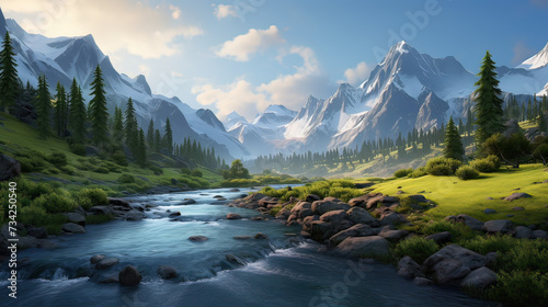 The essence of the natural realm, featuring backgrounds with majestic mountains, expansive meadows, and clear, flowing waters background Ai Generative