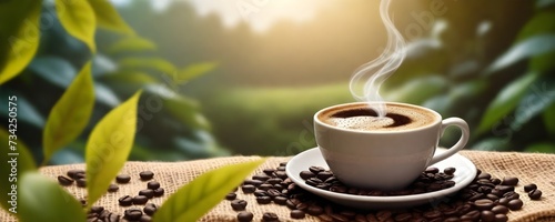 A cup of coffee with steam rising from it, surrounded by coffee beans on a burlap surface, with a background of sunlit foliage