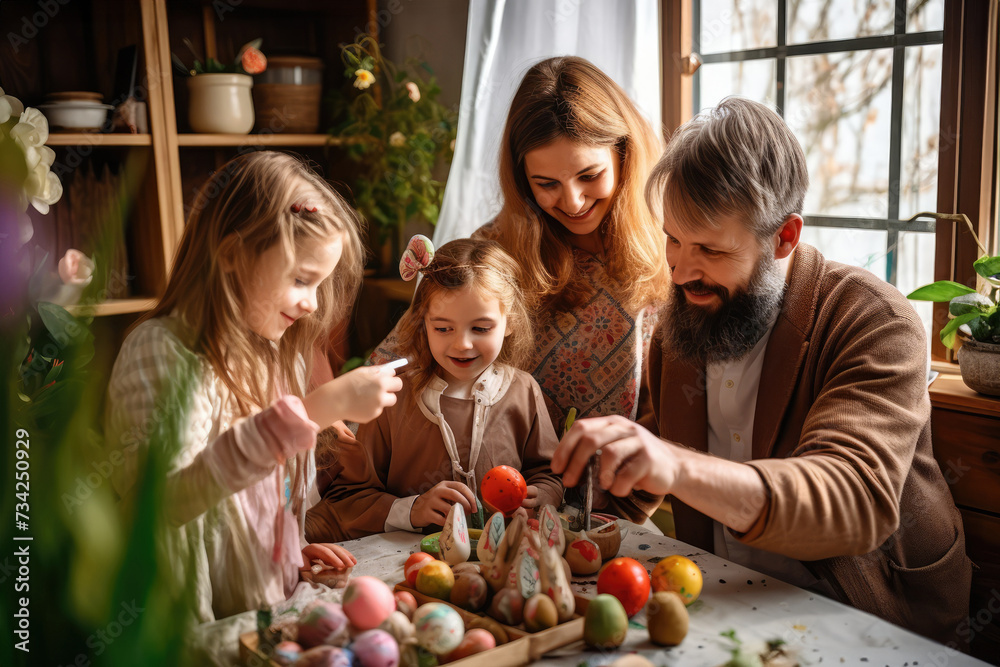 Father teacher and children decorate handmade toys or easter egg DIY at rustic wooden table. Country village style. Creativity in childhood with parents. Preparation for holiday family tradition
