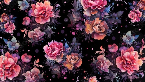 Floral background, black base with pink flowers © Мария Гринева